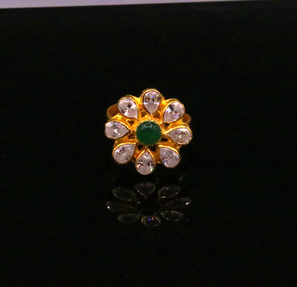 22KT yellow gold handmade flower-shaped adjustable ring by TRIBAL ORNAMENTS, simple elegant Indian jewelry with hallmarked design.