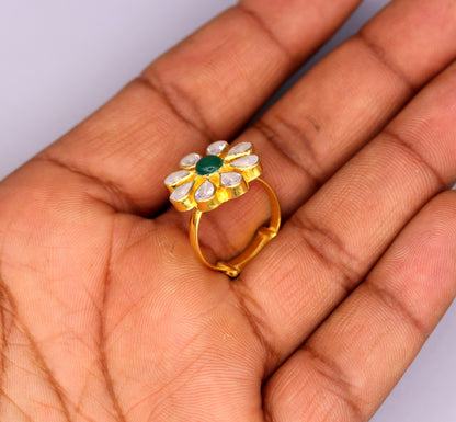 22KT yellow gold handmade adjustable flower-shaped ring by TRIBAL ORNAMENTS, featuring hallmarked simple elegant jewelry design.