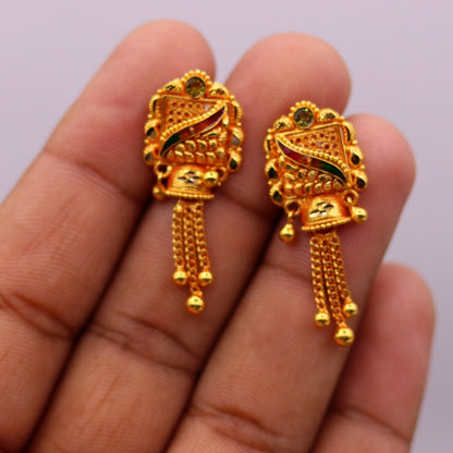 22KT yellow gold handmade filigree drop dangle earrings by TRIBAL ORNAMENTS, antique style with intricate detailing for women.