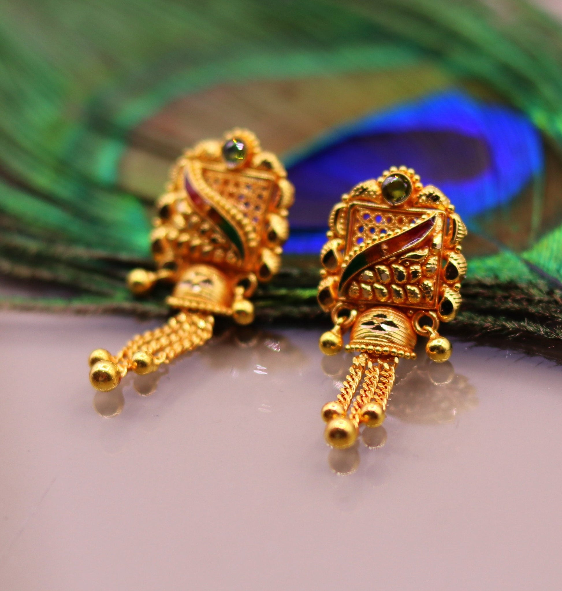 22kt yellow gold handmade filigree work antique style earrings pair drop dangle gorgeous wome's jewelry er92 - TRIBAL ORNAMENTS