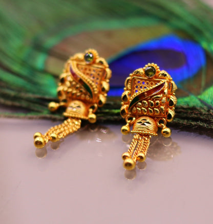 22KT yellow gold handmade filigree drop earrings with antique style dangle design, featuring intricate craftsmanship in women's jewelry.
