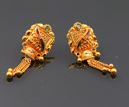22KT yellow gold handmade filigree antique-style drop dangle earrings for women by TRIBAL ORNAMENTS, showcasing intricate jewelry design.