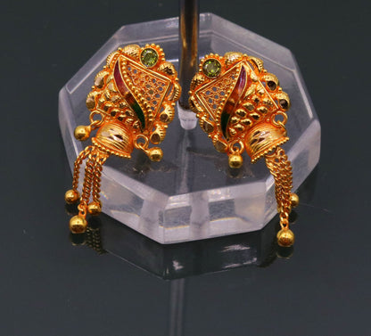 22KT yellow gold handmade filigree drop earrings with antique style dangle design, showcasing intricate craftsmanship in women's jewelry