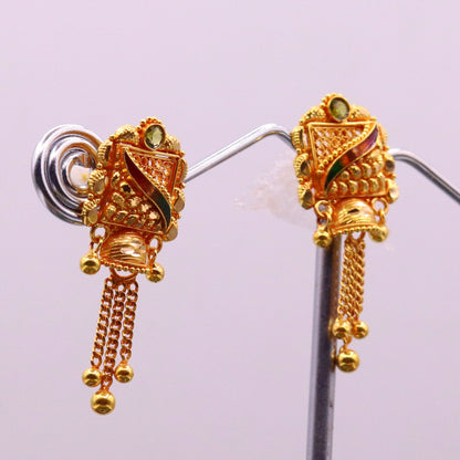22KT yellow gold handmade filigree drop dangle earrings with antique style, featuring intricate tribal ornament design for women.