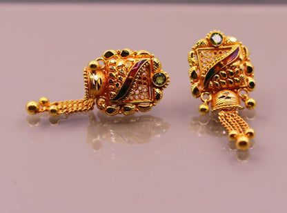 22KT yellow gold handmade filigree drop earrings with antique style dangle design from TRIBAL ORNAMENTS.