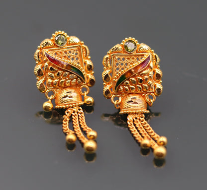22KT yellow gold handmade filigree drop earrings with antique style dangle design, showcasing intricate craftsmanship and elegant jewelry.