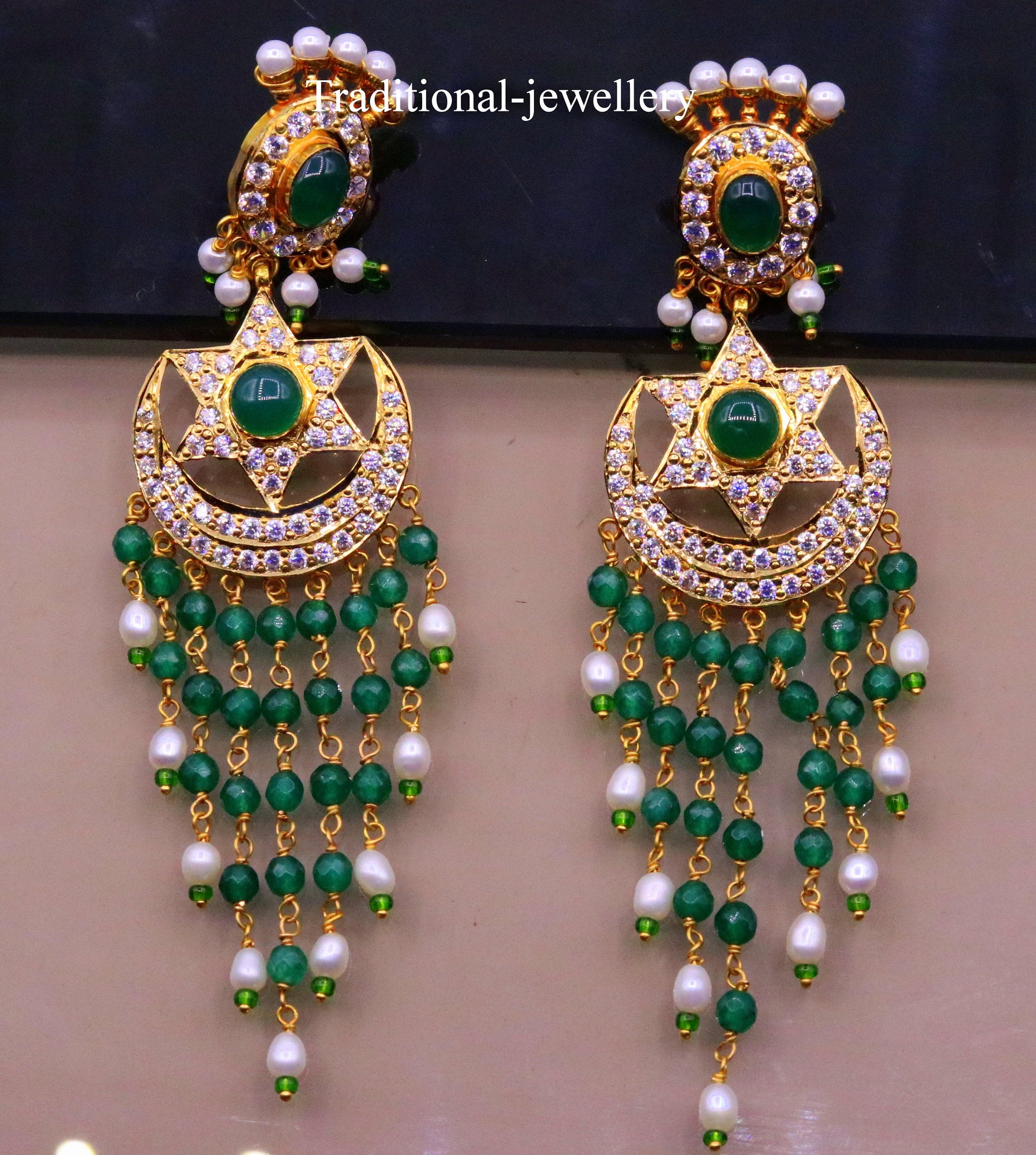22kt yellow gold handmade dangle earrings with colorful beads, traditional chandbala style for bridal jewelry by Tribal Ornaments