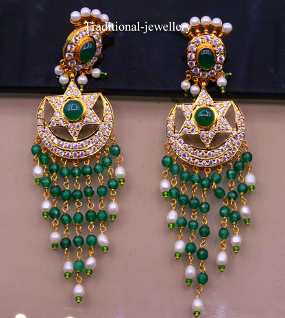 22kt yellow gold handmade dangle earrings with colorful beads, traditional chandbala style for bridal jewelry by Tribal Ornaments
