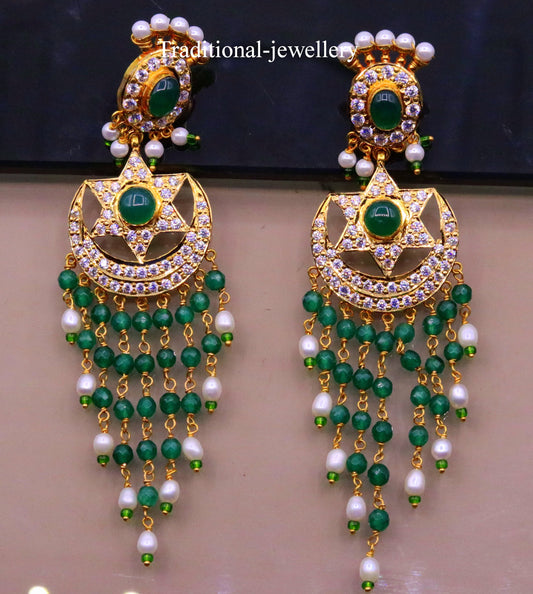 22kt yellow gold handmade gorgeous earrings drop dangle earrings pair chandbala with color beads bridal look jewelry er85 - TRIBAL ORNAMENTS