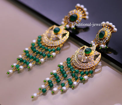 Handmade 22kt yellow gold tribal earrings with colorful beads, drop dangle design, perfect for bridal jewelry by Tribal Ornaments.