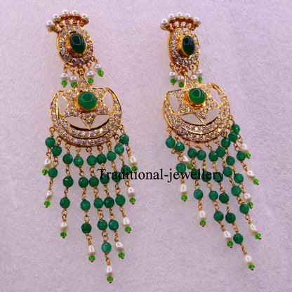 22kt yellow gold handmade chandbala drop earrings with colorful beads, perfect for bridal jewelry by Tribal Ornaments.