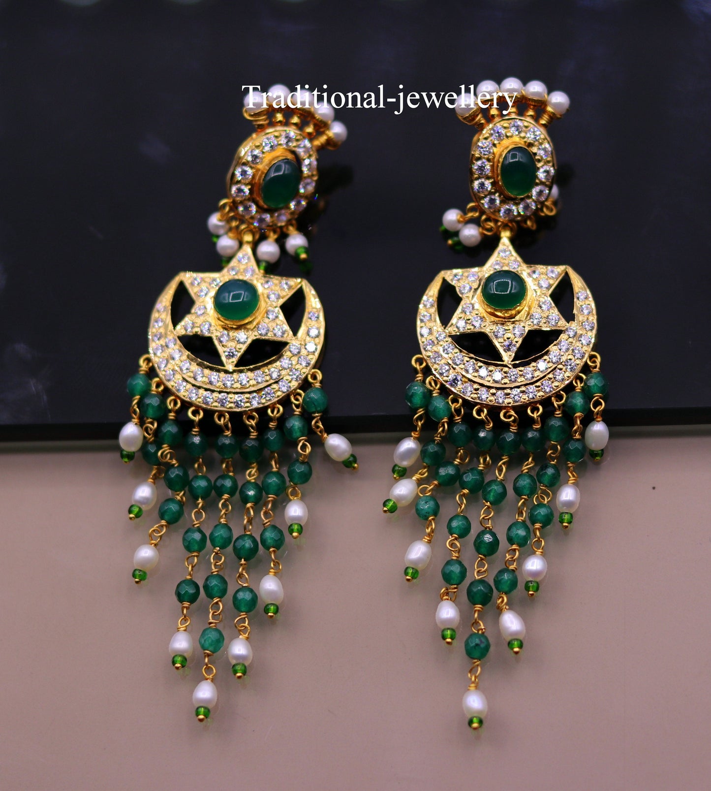 22kt yellow gold handmade chandelier earrings with colorful beads, drop dangle design, perfect for bridal jewelry.