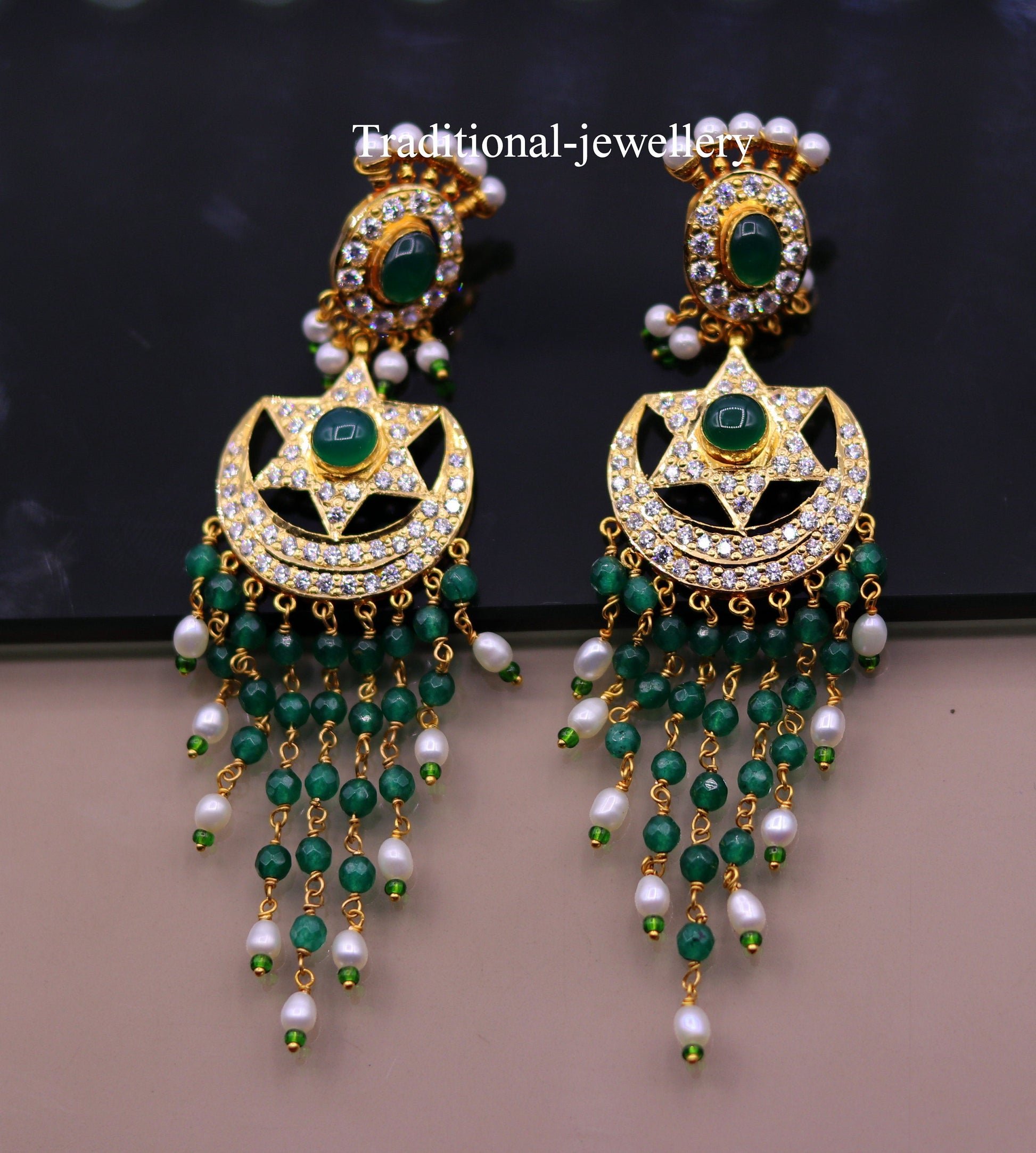 22kt yellow gold handmade chandelier earrings with colorful beads, drop dangle design, perfect for bridal jewelry.