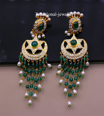 22kt yellow gold handmade chandelier earrings with colorful beads, drop dangle design, perfect for bridal jewelry.
