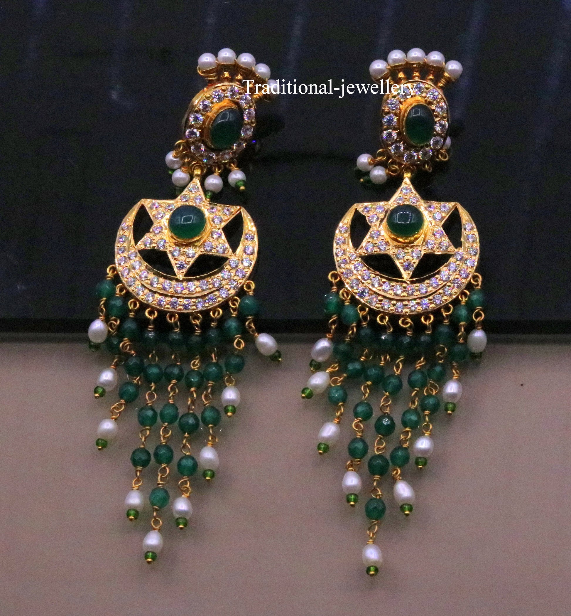 Handmade 22kt yellow gold tribal earrings with colorful beads, drop dangle chandbala style jewelry for bridal look.