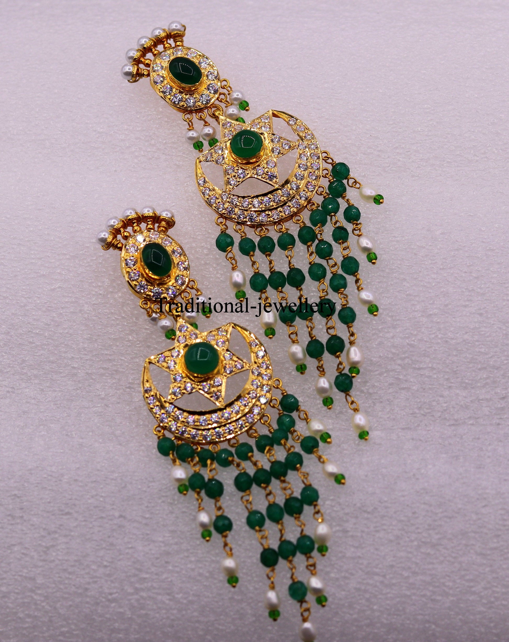 22kt yellow gold handmade drop earrings with colorful beads, chandbala style, perfect for bridal jewelry by Tribal Ornaments.