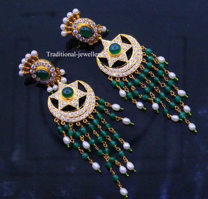 22kt yellow gold handmade chandbala drop earrings with colorful beads, perfect for bridal jewelry and traditional Indian style.