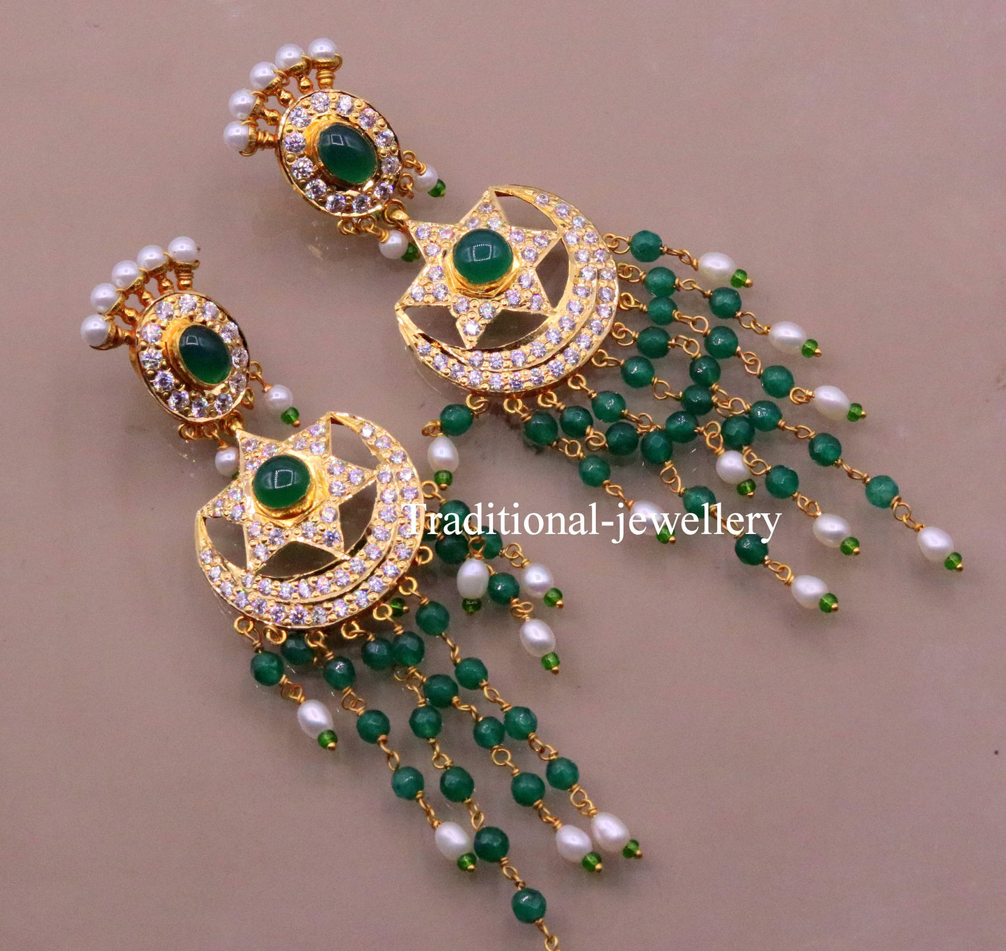 22kt yellow gold handmade chandbala drop earrings with color beads, perfect for bridal jewelry, by TRIBAL ORNAMENTS.