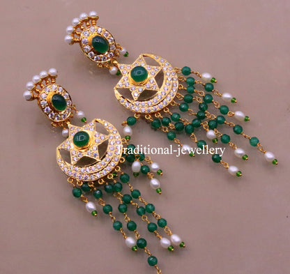 22kt yellow gold handmade chandbala drop earrings with color beads, perfect for bridal jewelry, by TRIBAL ORNAMENTS.