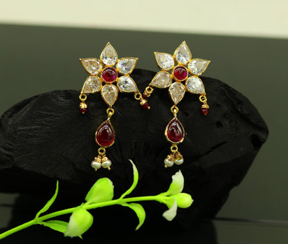 22Kt yellow gold handmade bridal stud earrings with hanging pearls, stylish Indian wedding jewelry by TRIBAL ORNAMENTS