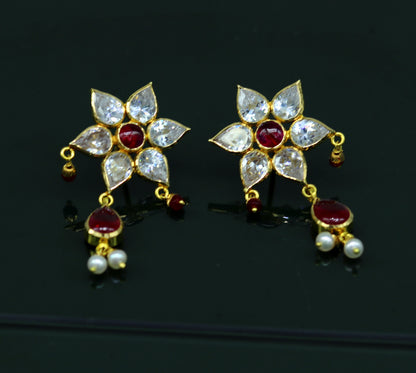 22Kt yellow gold handmade bridal stud earrings with hanging pearls, stylish wedding jewelry, personalized Indian design by TRIBAL ORNAMENTS