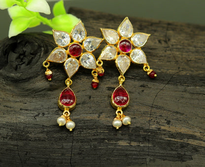 22Kt yellow gold handmade bridal stud earrings with hanging pearls, Indian design, stylish wedding jewelry by TRIBAL ORNAMENTS