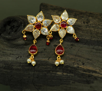22Kt yellow gold handmade bridal stud earrings with hanging pearls, stylish Indian wedding jewelry by TRIBAL ORNAMENTS