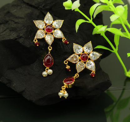 22Kt yellow gold handmade bridal stud earrings with hanging pearls, stylish Indian wedding jewelry by TRIBAL ORNAMENTS