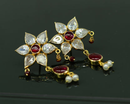 22Kt yellow gold handmade bridal stud earrings with hanging pearls, stylish wedding jewelry by TRIBAL ORNAMENTS, personalized Indian design