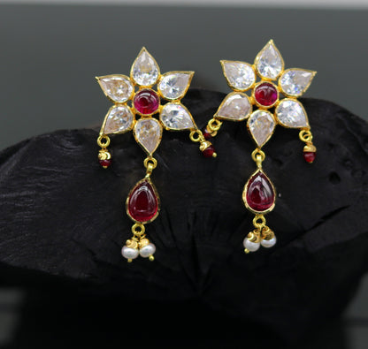 22Kt yellow gold handmade bridal stud earrings with hanging pearls, stylish wedding jewelry by TRIBAL ORNAMENTS from India