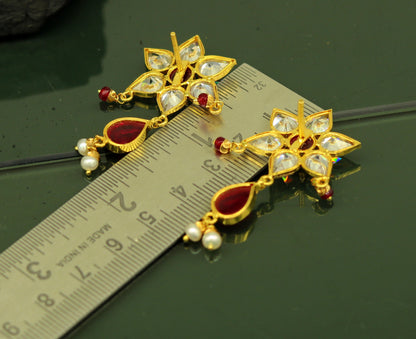 22Kt yellow gold handmade bridal stud earrings with hanging pearls, stylish wedding jewelry, Indian design by TRIBAL ORNAMENTS
