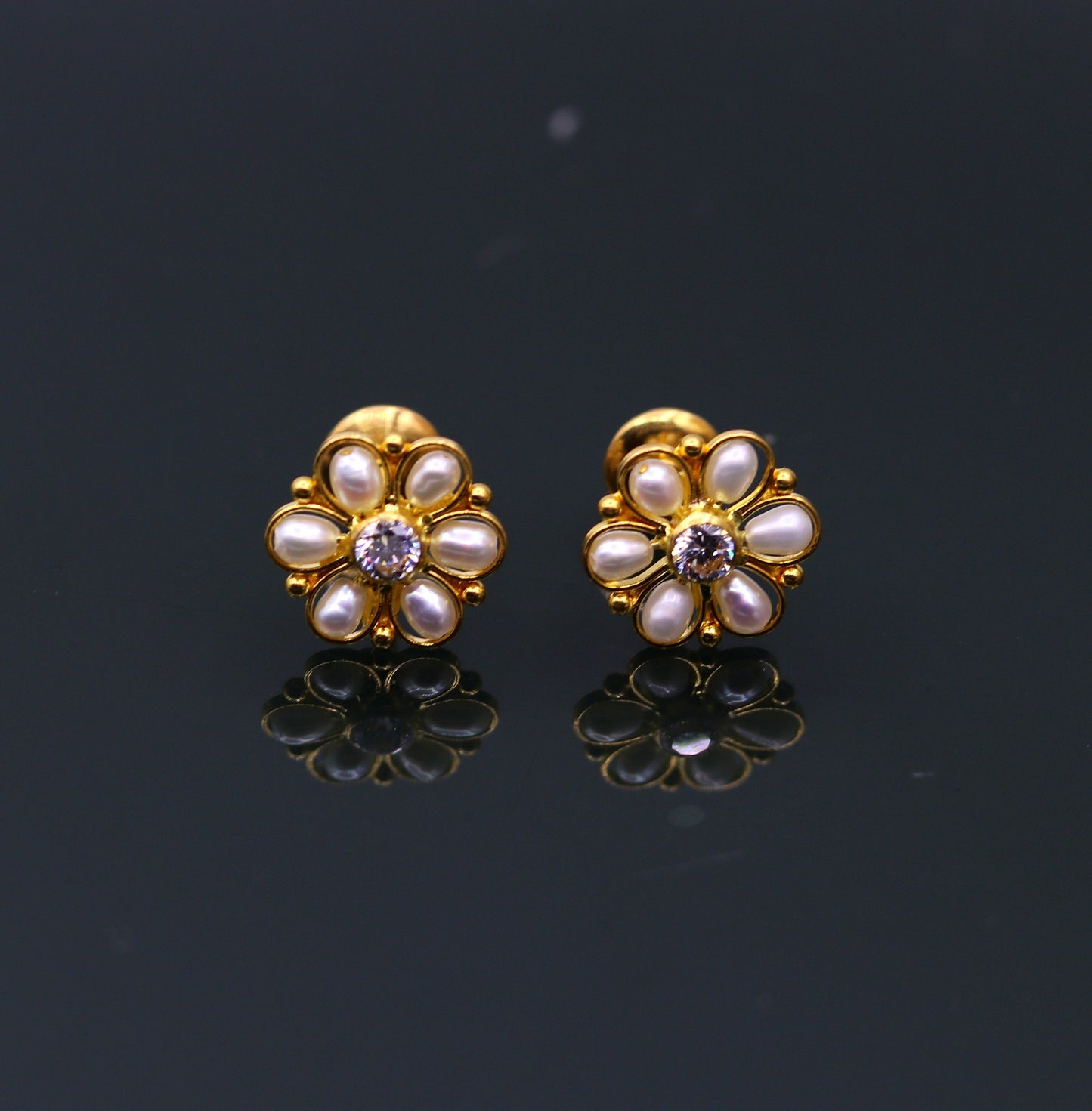 22kt yellow gold handmade stud earrings with fabulous pearl and cubic zircon earrings stylish modern girl's jewelry from india - TRIBAL ORNAMENTS