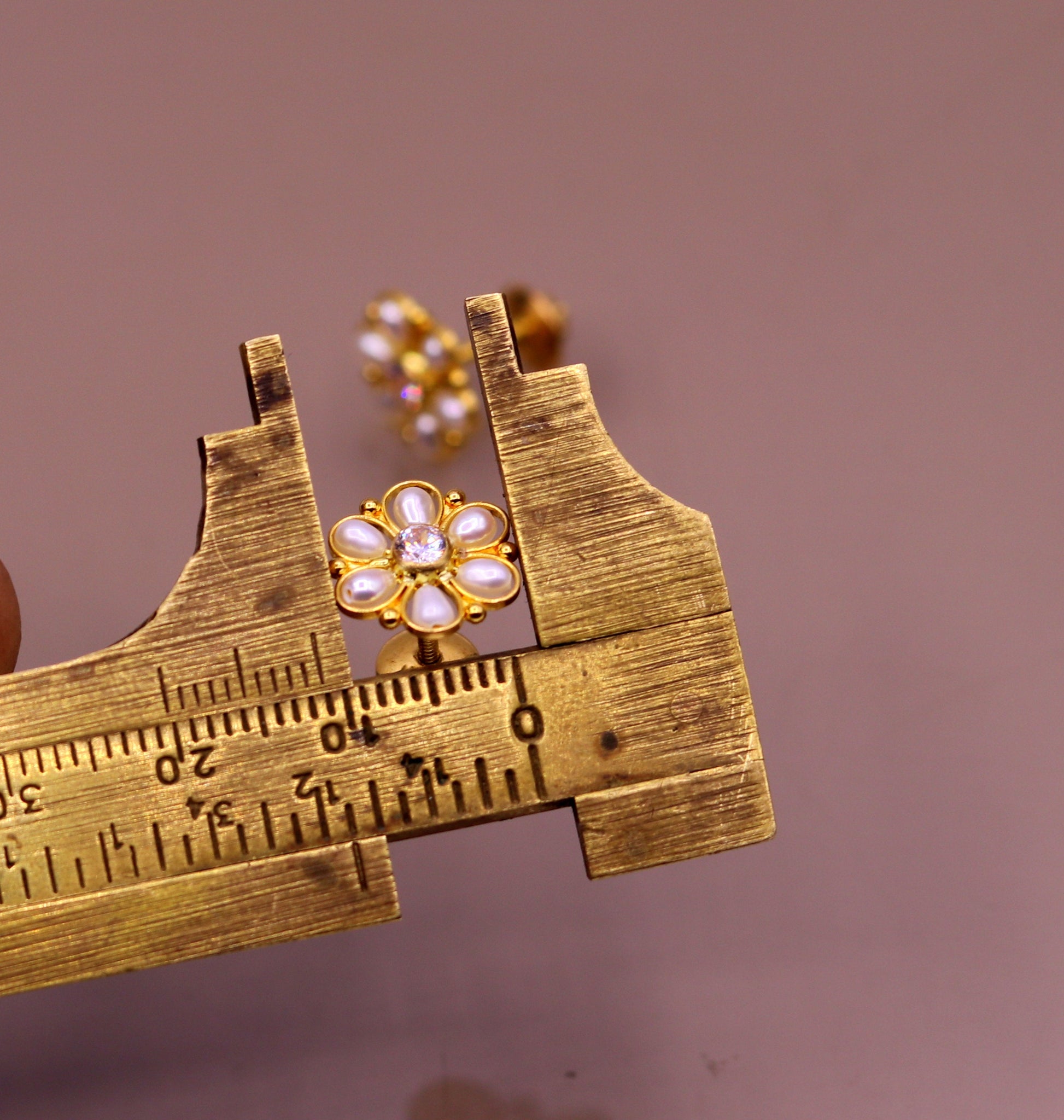 22kt yellow gold handmade stud earrings with fabulous pearl and cubic zircon earrings stylish modern girl's jewelry from india - TRIBAL ORNAMENTS