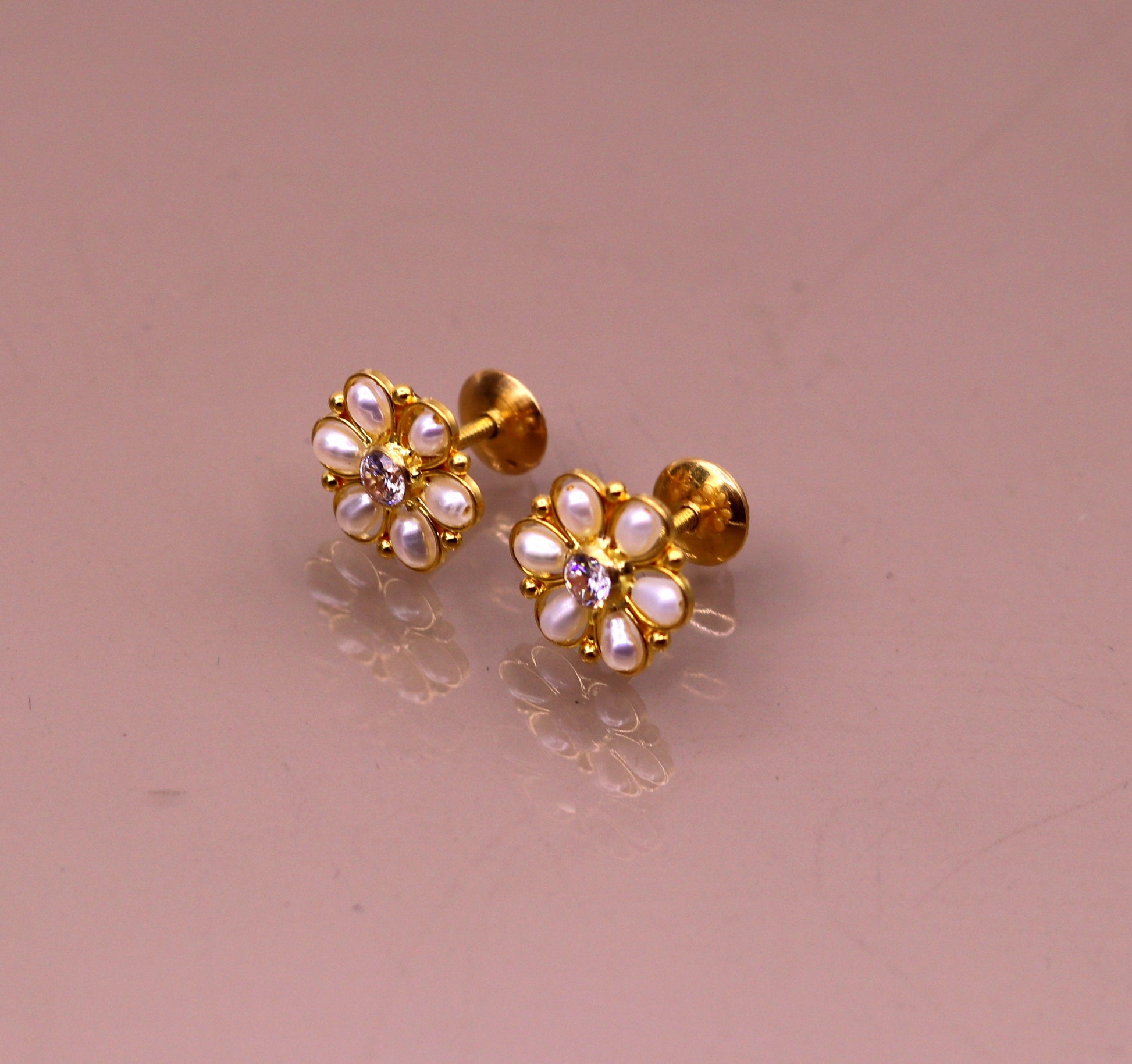 22kt yellow gold handmade stud earrings with fabulous pearl and cubic zircon earrings stylish modern girl's jewelry from india - TRIBAL ORNAMENTS