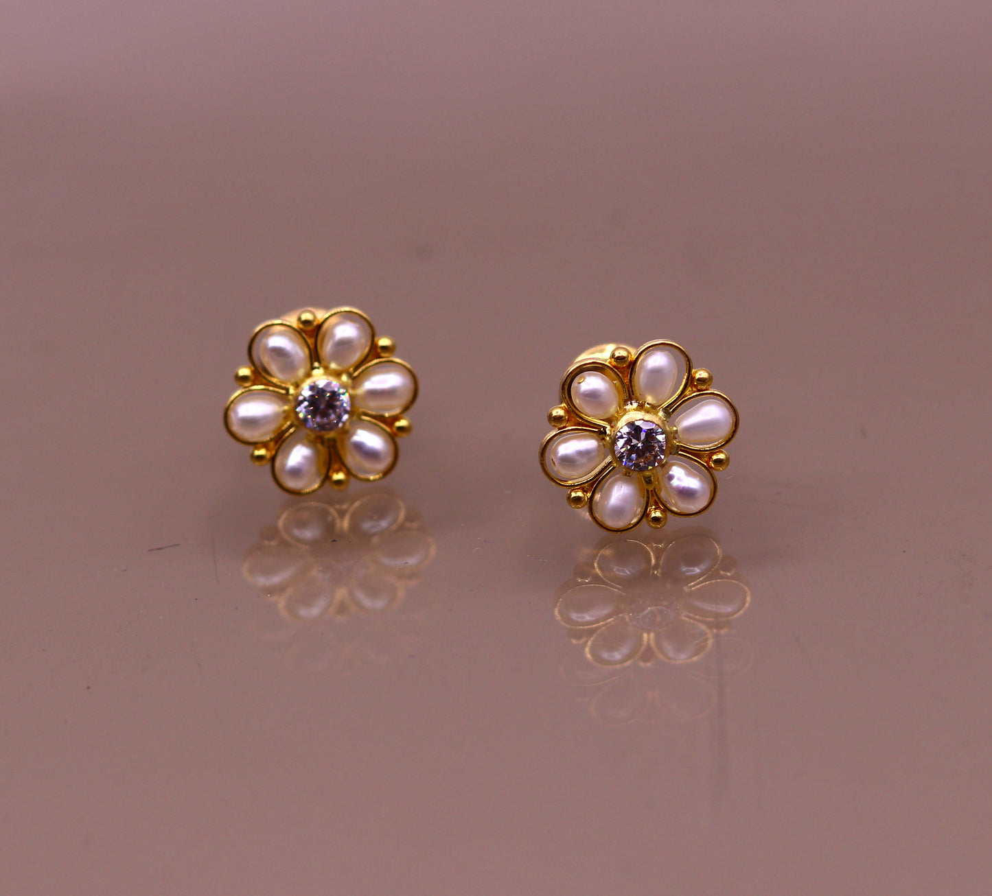 22kt yellow gold handmade stud earrings with fabulous pearl and cubic zircon earrings stylish modern girl's jewelry from india - TRIBAL ORNAMENTS