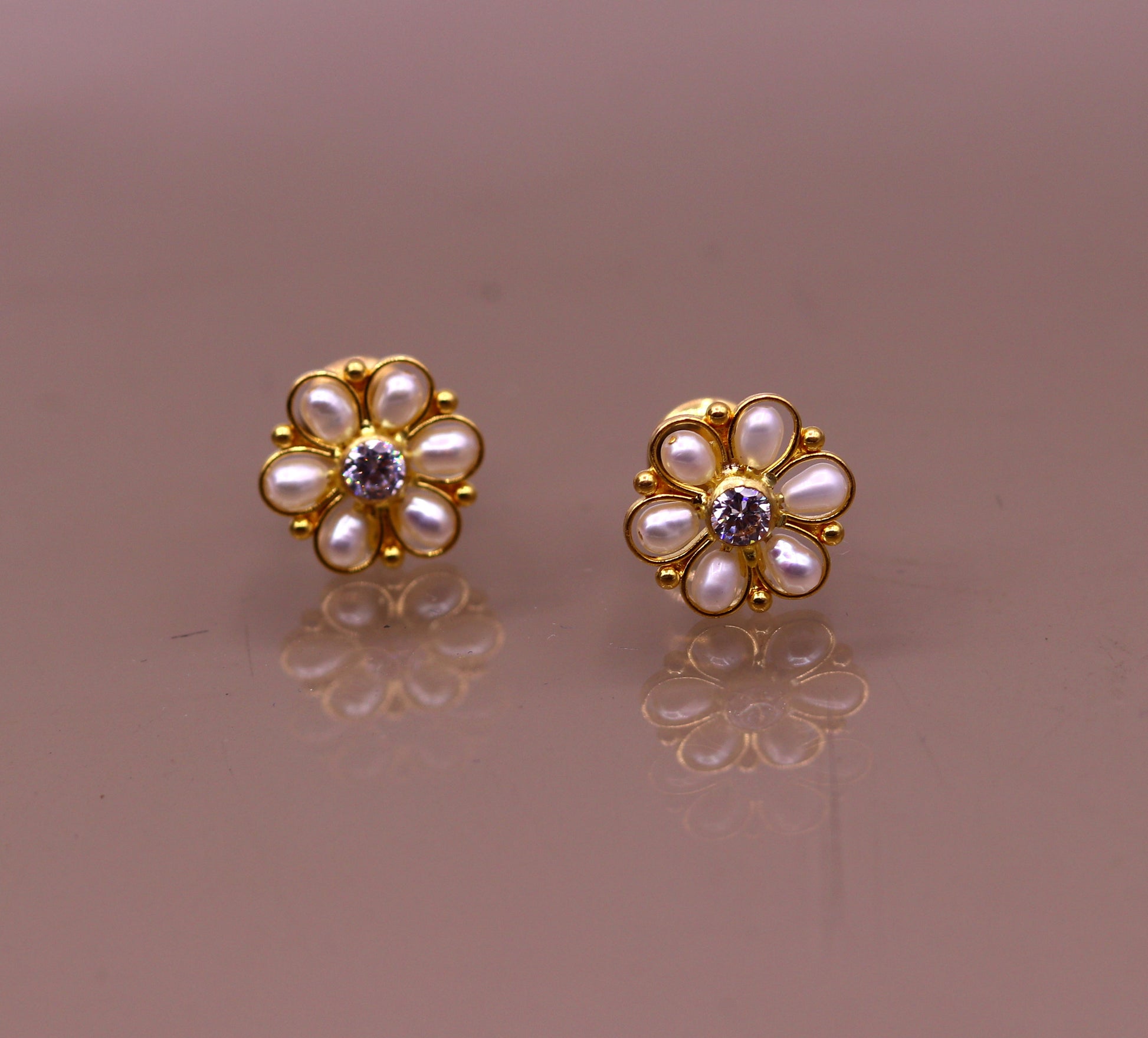 22kt yellow gold handmade stud earrings with fabulous pearl and cubic zircon earrings stylish modern girl's jewelry from india - TRIBAL ORNAMENTS