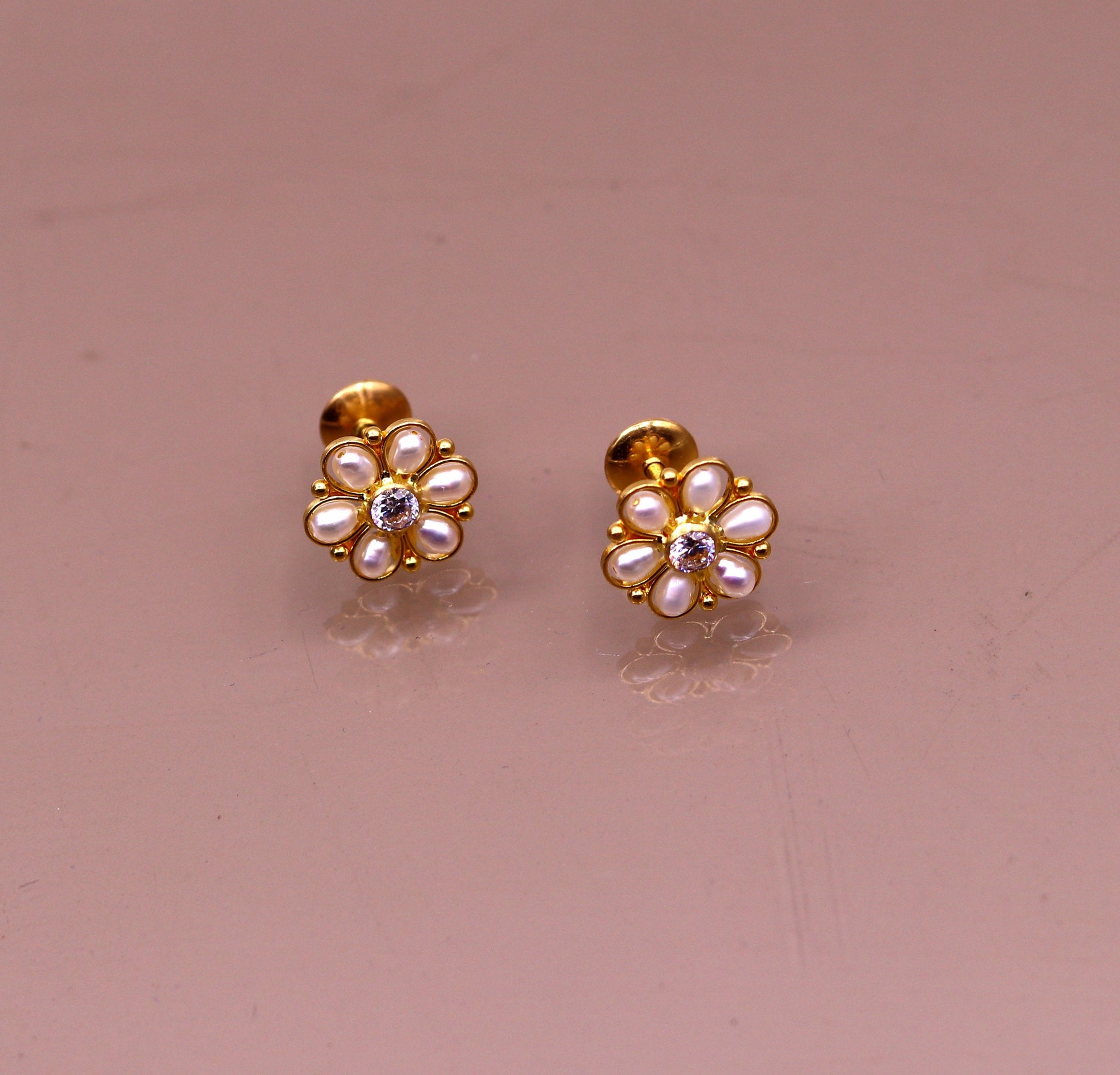 22kt yellow gold handmade stud earrings with fabulous pearl and cubic zircon earrings stylish modern girl's jewelry from india - TRIBAL ORNAMENTS