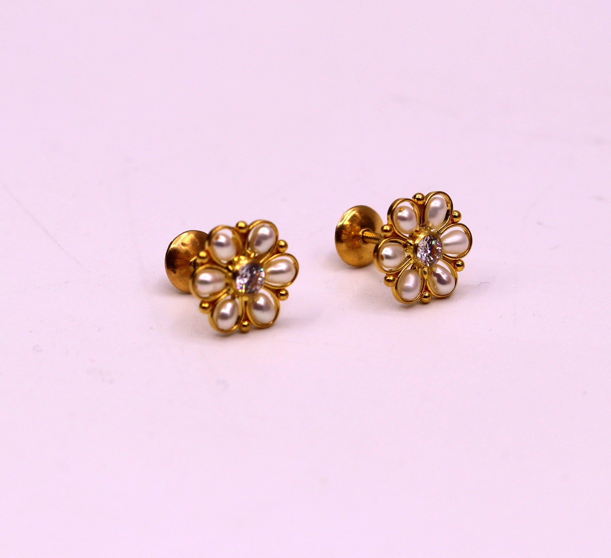 22kt yellow gold handmade stud earrings with fabulous pearl and cubic zircon earrings stylish modern girl's jewelry from india - TRIBAL ORNAMENTS