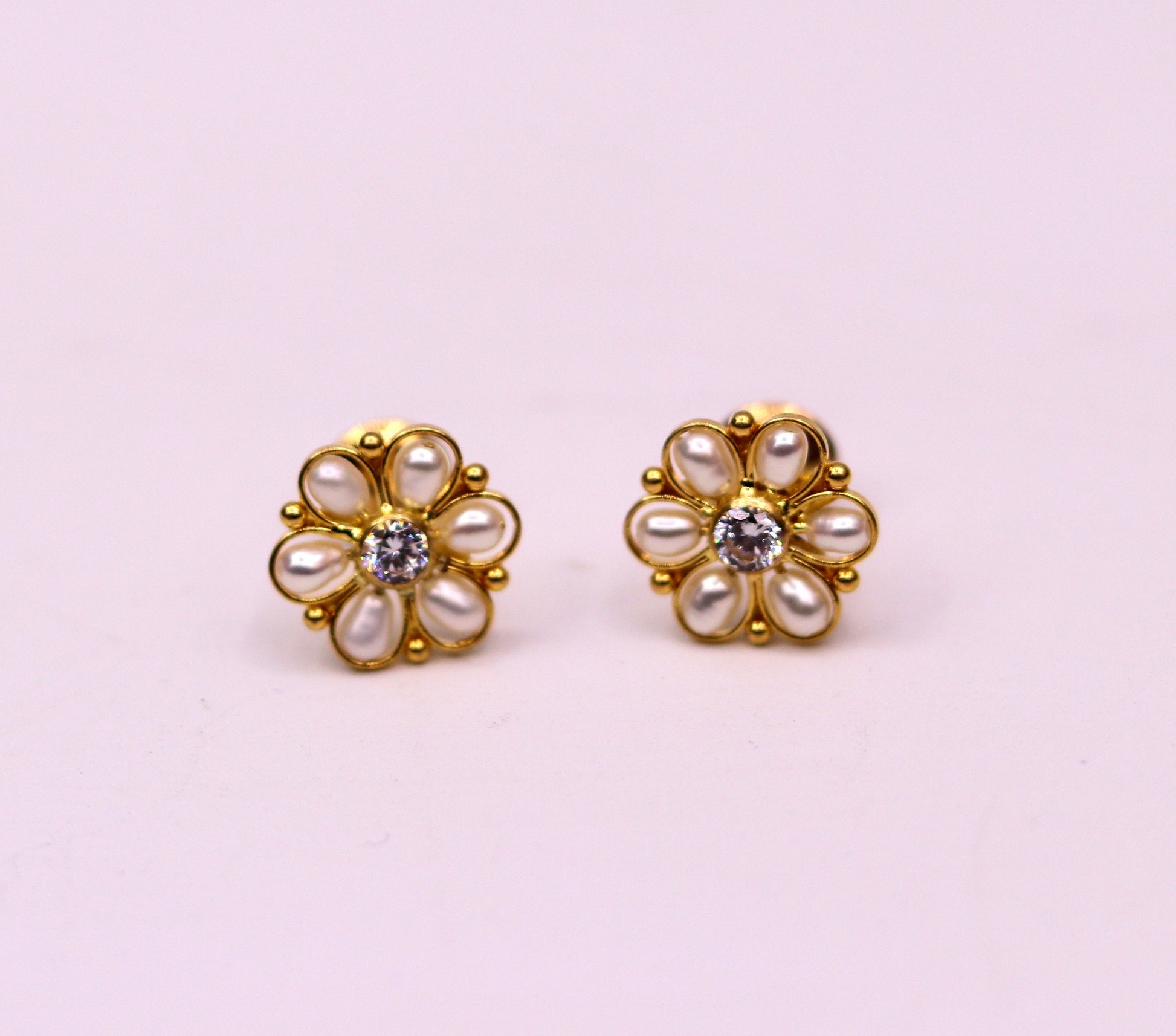 22kt yellow gold handmade stud earrings with fabulous pearl and cubic zircon earrings stylish modern girl's jewelry from india - TRIBAL ORNAMENTS