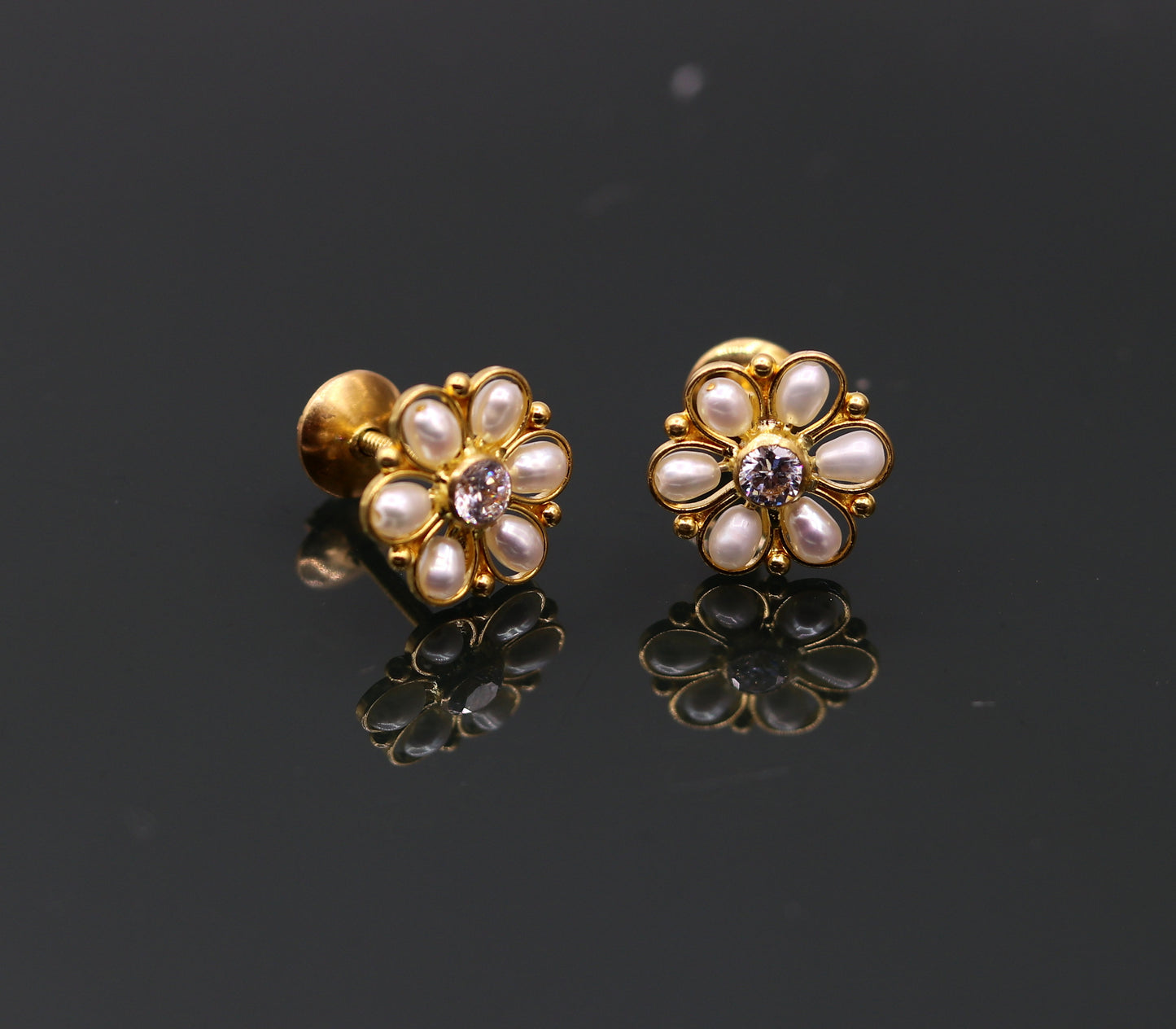 22kt yellow gold handmade stud earrings with fabulous pearl and cubic zircon earrings stylish modern girl's jewelry from india - TRIBAL ORNAMENTS