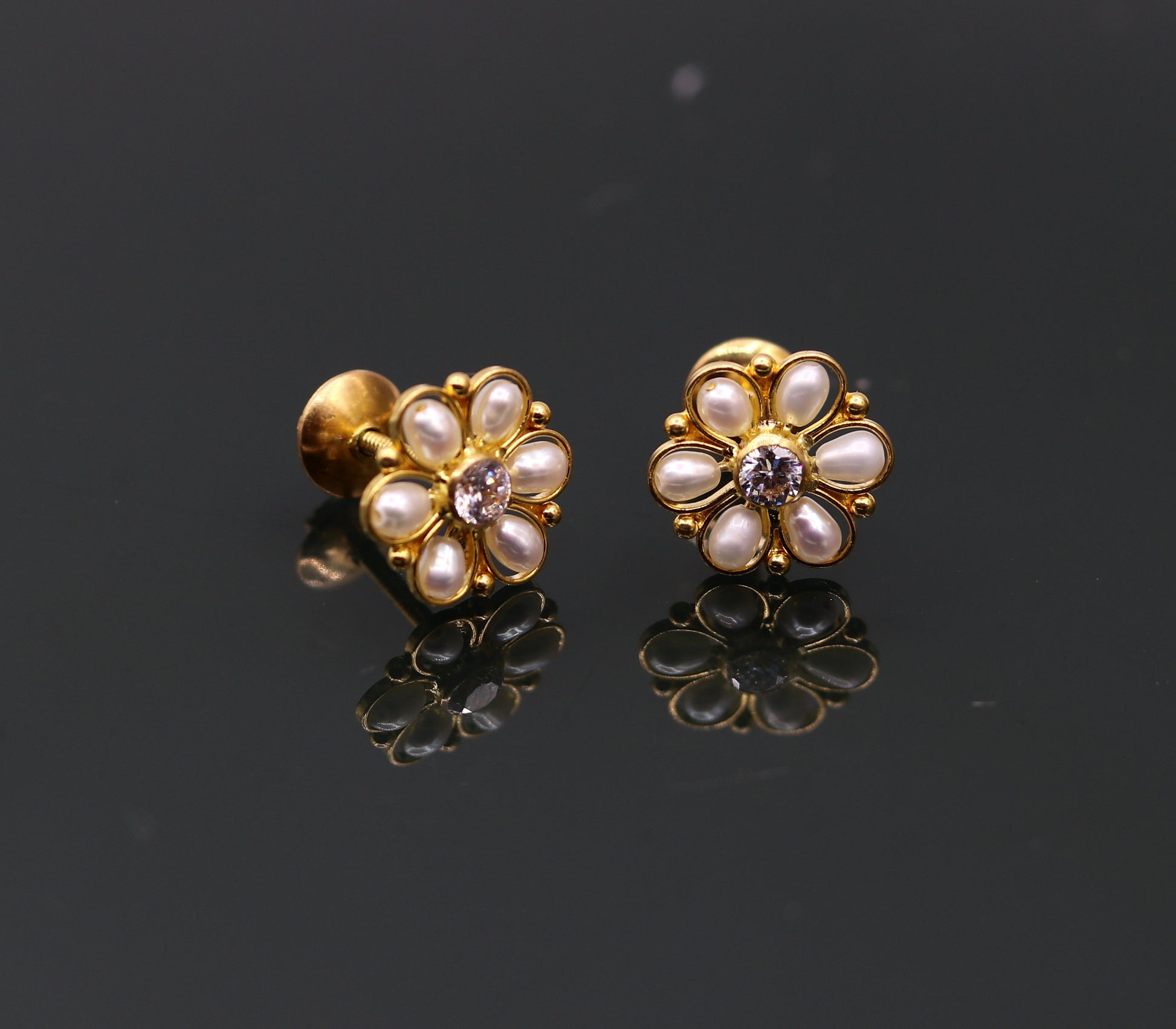 22kt yellow gold handmade stud earrings with fabulous pearl and cubic zircon earrings stylish modern girl's jewelry from india - TRIBAL ORNAMENTS