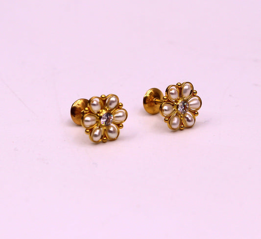 22kt yellow gold handmade stud earrings with fabulous pearl and cubic zircon earrings stylish modern girl's jewelry from india belly dance - TRIBAL ORNAMENTS
