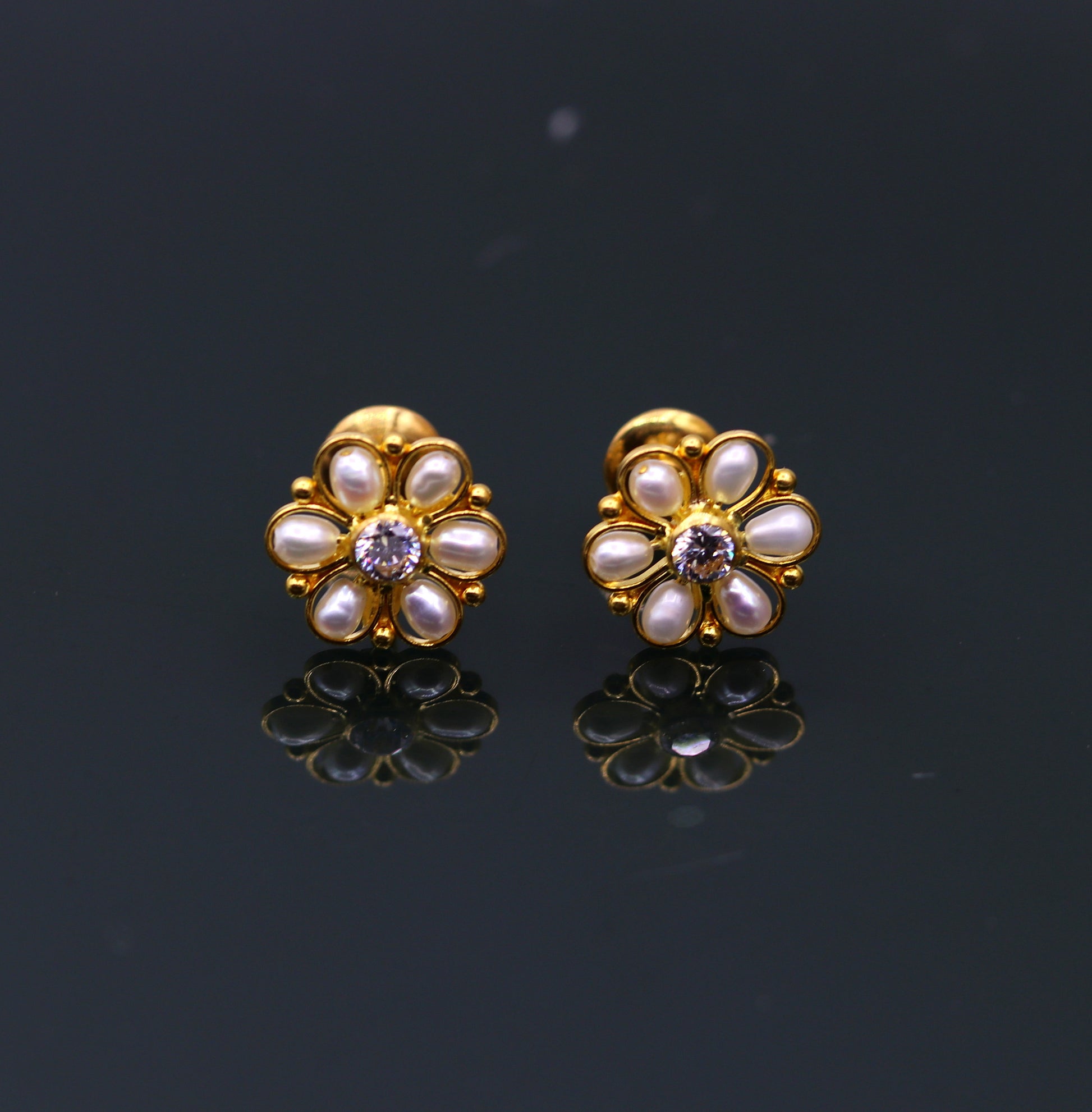 22kt yellow gold handmade stud earrings with fabulous pearl and cubic zircon earrings stylish modern girl's jewelry from india belly dance - TRIBAL ORNAMENTS