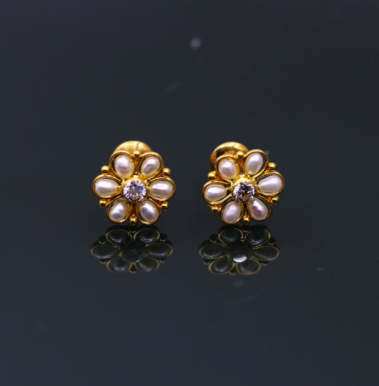 22kt yellow gold handmade stud earrings with fabulous pearl and cubic zircon earrings stylish modern girl's jewelry from india belly dance - TRIBAL ORNAMENTS