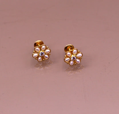 22kt yellow gold handmade stud earrings with fabulous pearl and cubic zircon earrings stylish modern girl's jewelry from india belly dance - TRIBAL ORNAMENTS