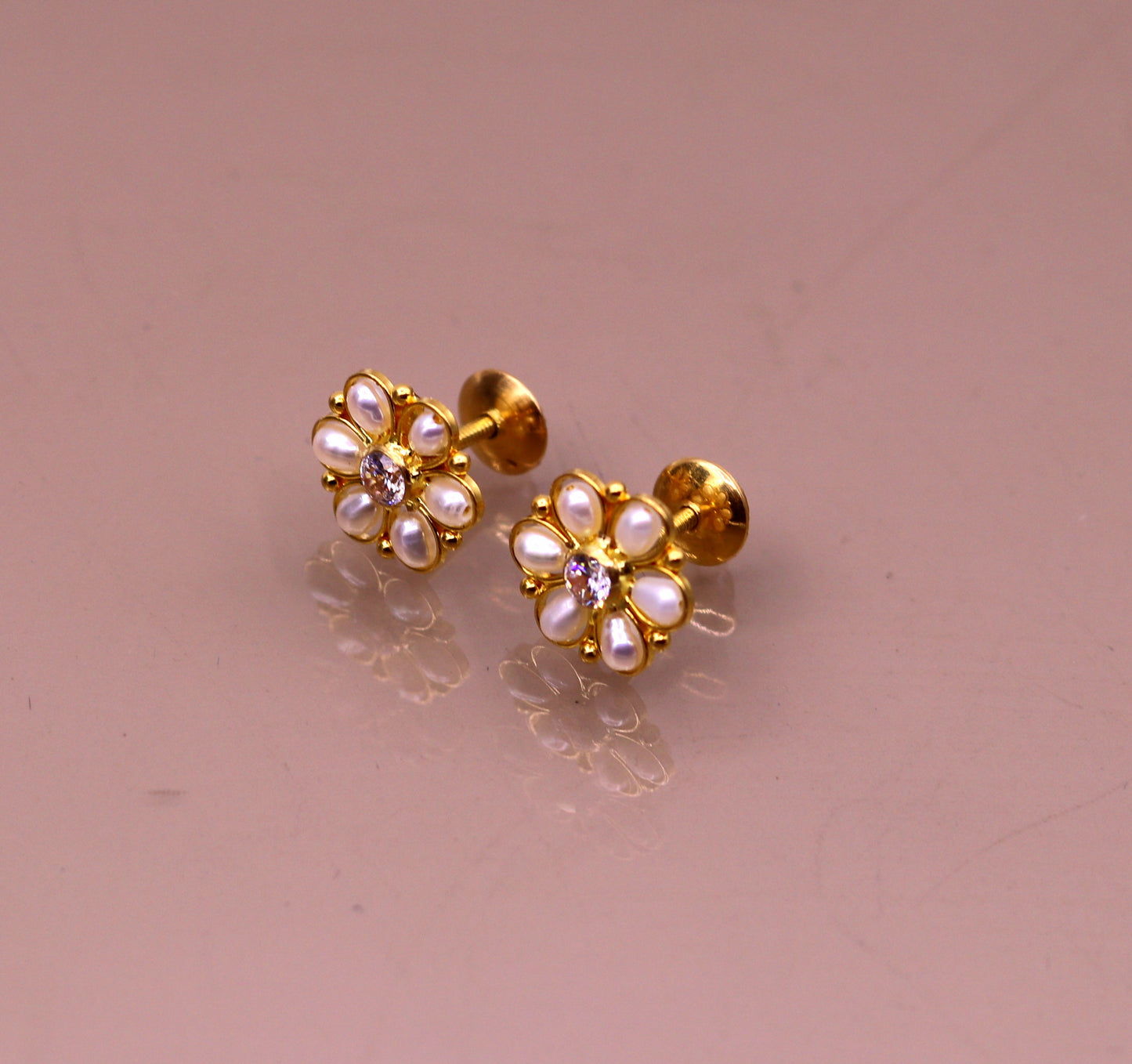 22kt yellow gold handmade stud earrings with fabulous pearl and cubic zircon earrings stylish modern girl's jewelry from india belly dance - TRIBAL ORNAMENTS
