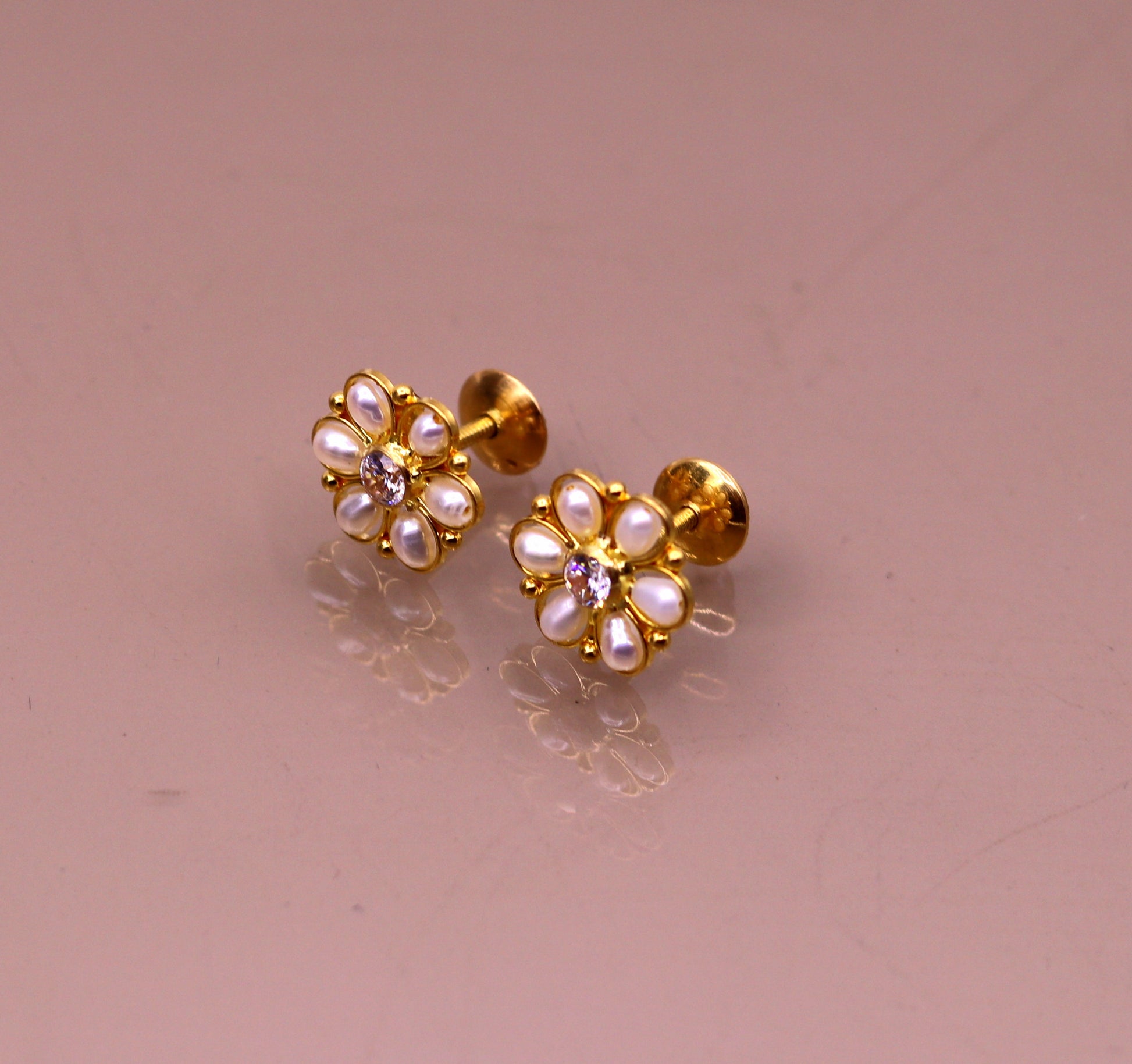 22kt yellow gold handmade stud earrings with fabulous pearl and cubic zircon earrings stylish modern girl's jewelry from india belly dance - TRIBAL ORNAMENTS