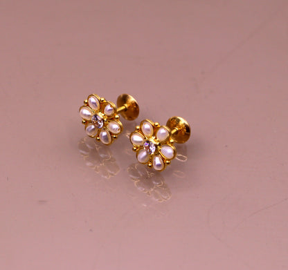 22kt yellow gold handmade stud earrings with fabulous pearl and cubic zircon earrings stylish modern girl's jewelry from india belly dance - TRIBAL ORNAMENTS