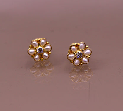22kt yellow gold handmade stud earrings with fabulous pearl and cubic zircon earrings stylish modern girl's jewelry from india belly dance - TRIBAL ORNAMENTS