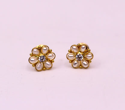 22kt yellow gold handmade stud earrings with fabulous pearl and cubic zircon earrings stylish modern girl's jewelry from india belly dance - TRIBAL ORNAMENTS